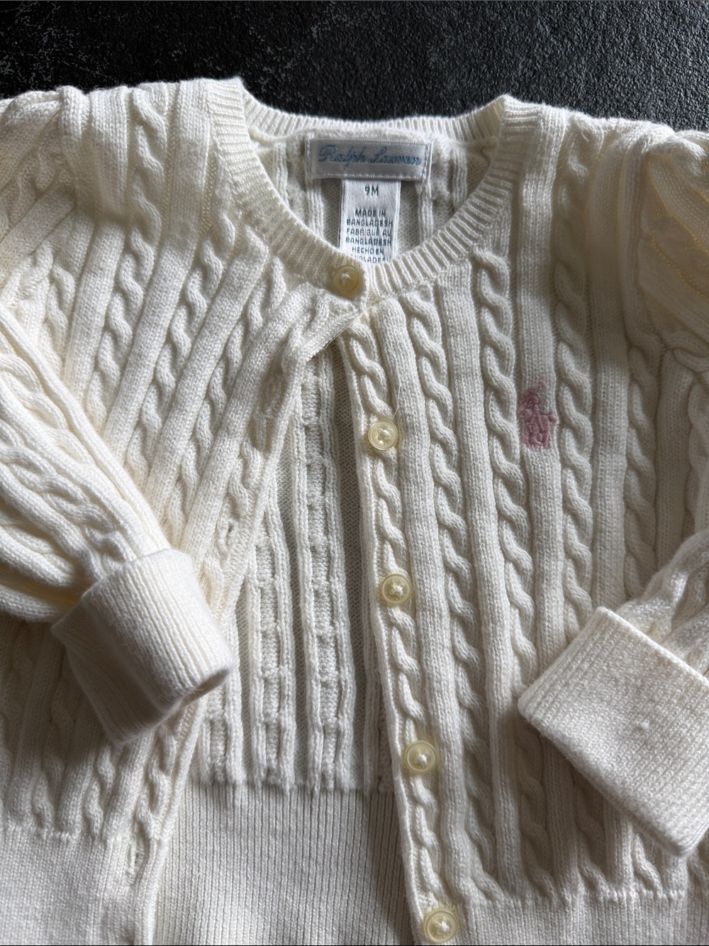 Infant Ralph Lauren Cream Cable-Knit Cardigan with Pink Pony
